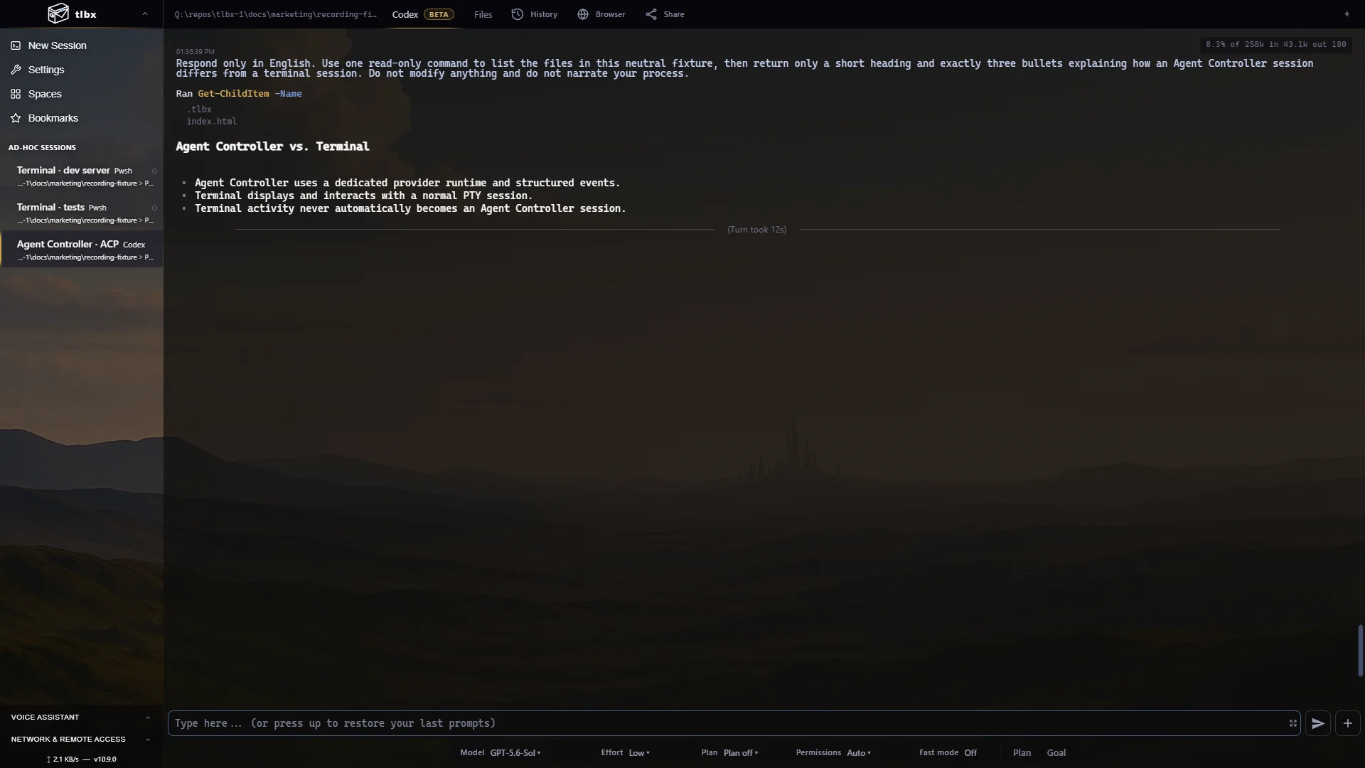 A real tlbx Agent Controller session showing structured agent history, a tool call and assistant output