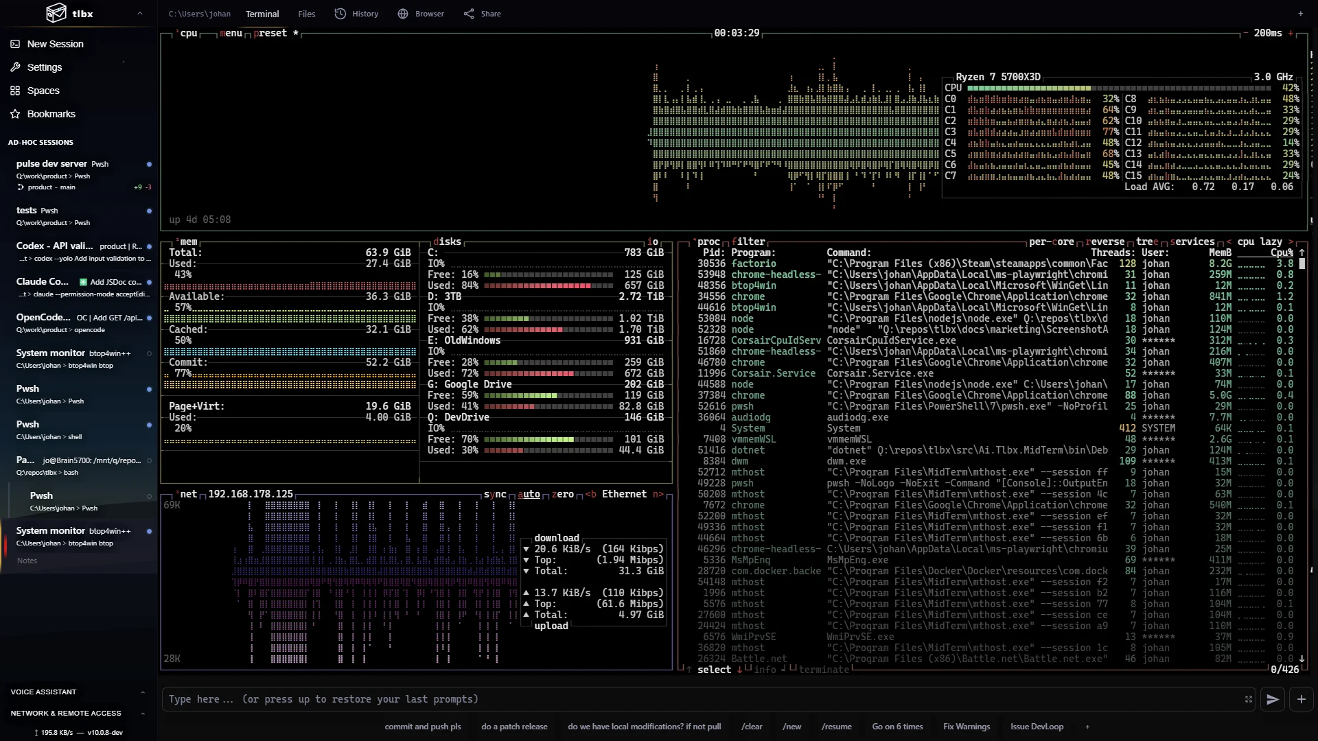 btop system monitor running full-screen in a tlbx terminal session, with CPU, memory, disk, network and process panels
